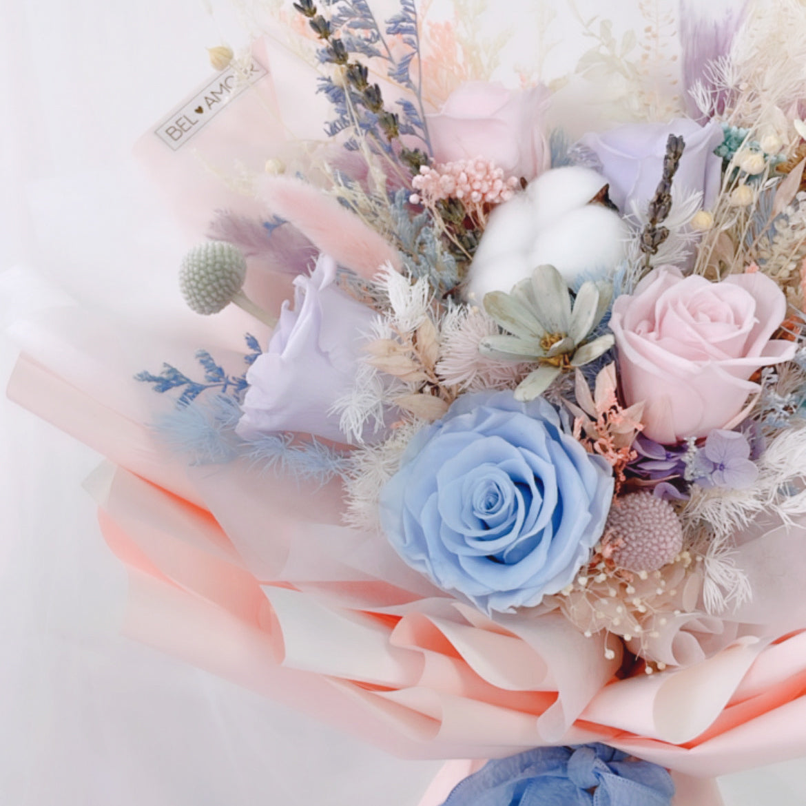 Preserved Flower Bouquet - 5 Stalks Rose (2 Baby Pink, 2 Baby Blue, Lavender)
