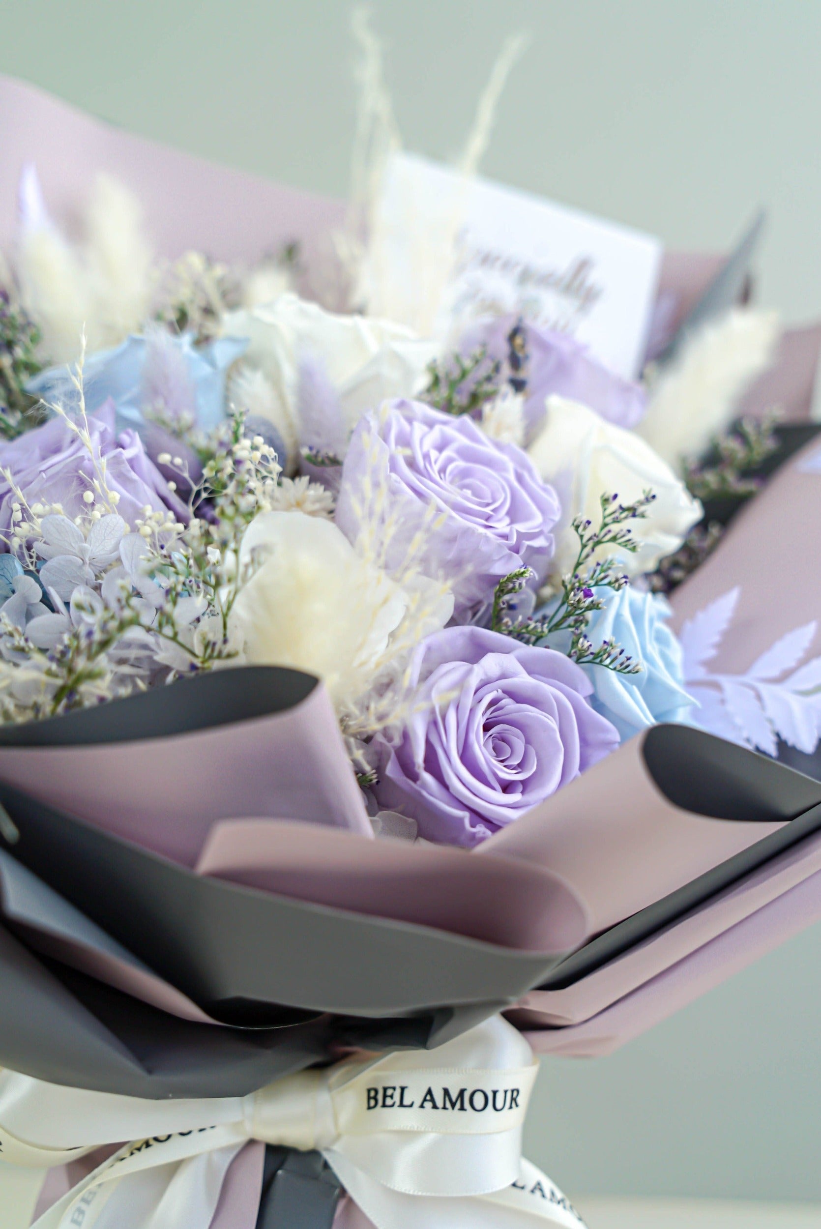 Preserved Flower Bouquet - 9 Roses (4 Lavender, 2 Sky Blue, 3 White)