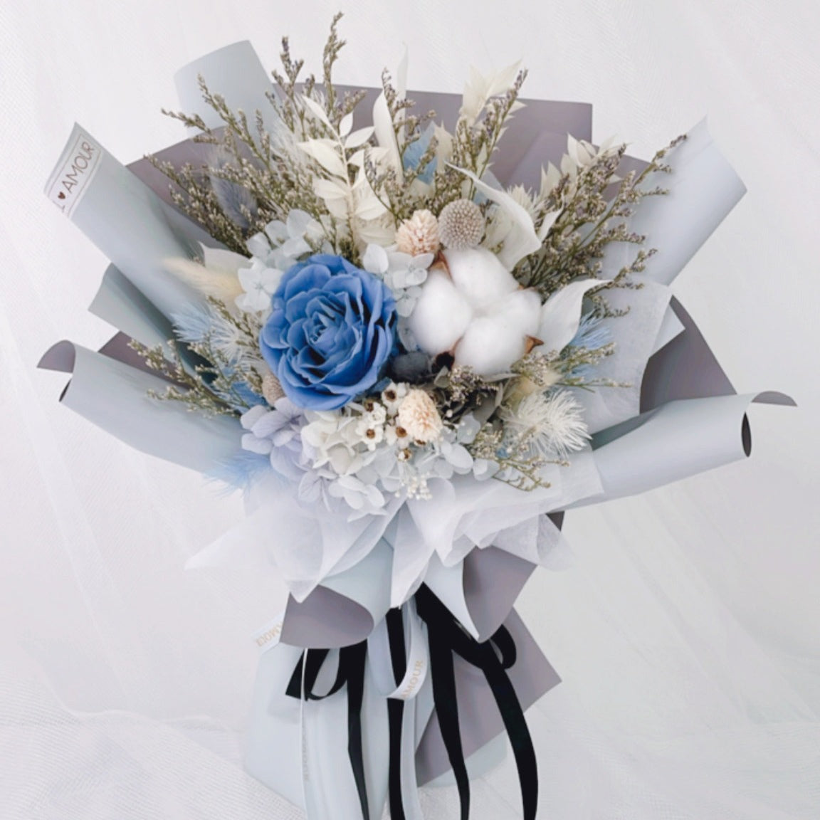 Preserved Flower Bouquet - Single Stalk Rose (Dusty Blue)