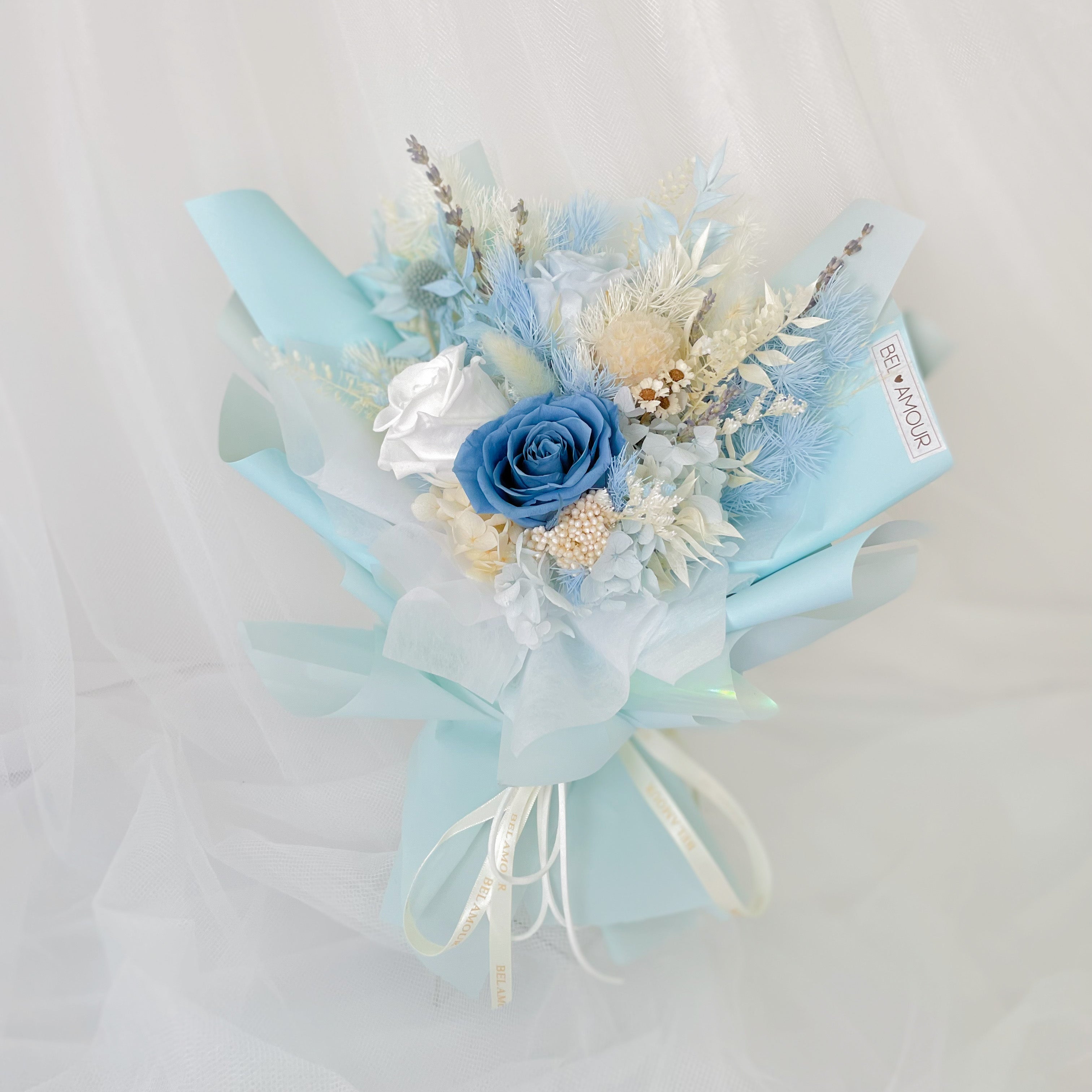 Preserved Flower Bouquet - 3 Stalks Roses (Dusty Blue, Sky Blue, White)
