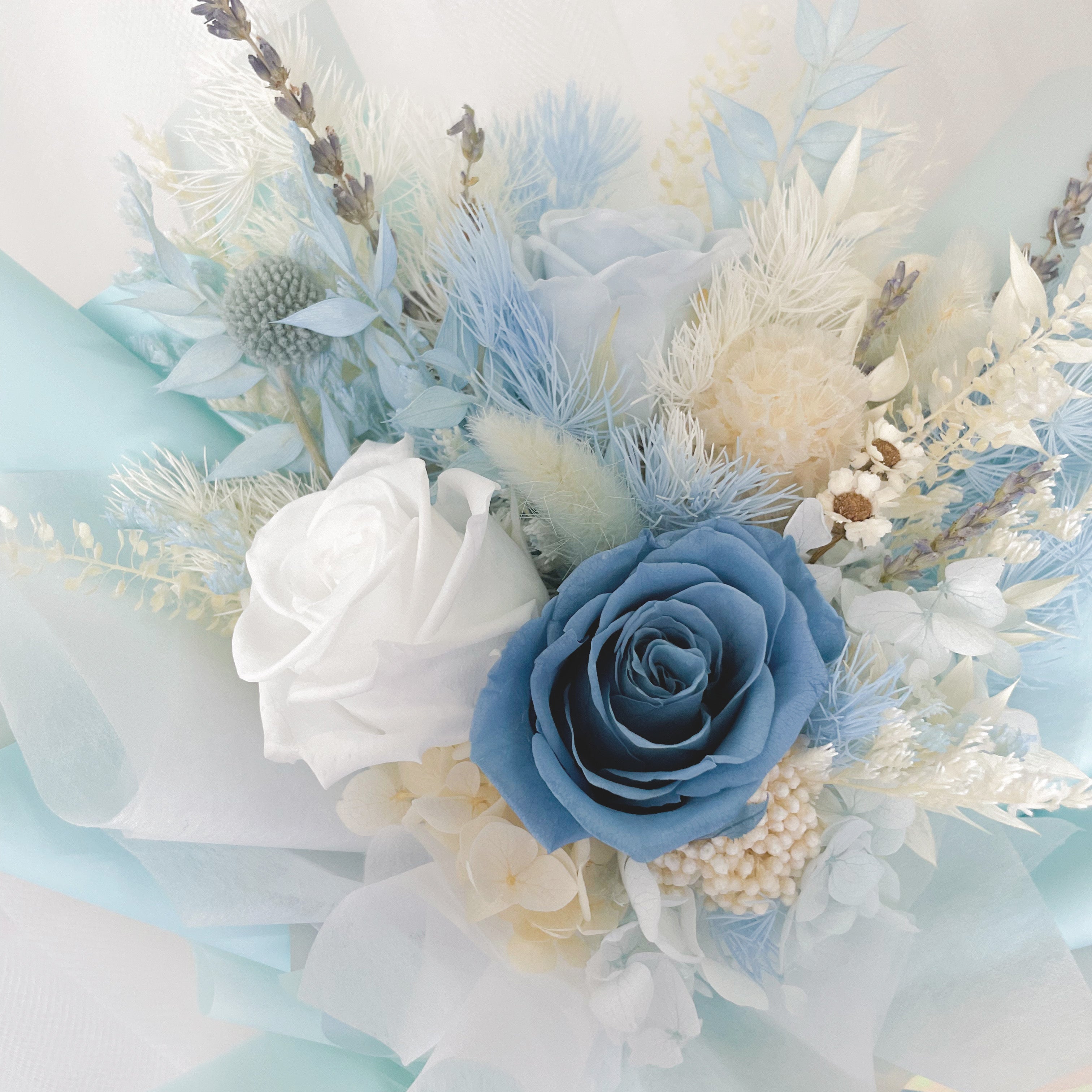 Preserved Flower Bouquet - 3 Stalks Roses (Dusty Blue, Sky Blue, White)