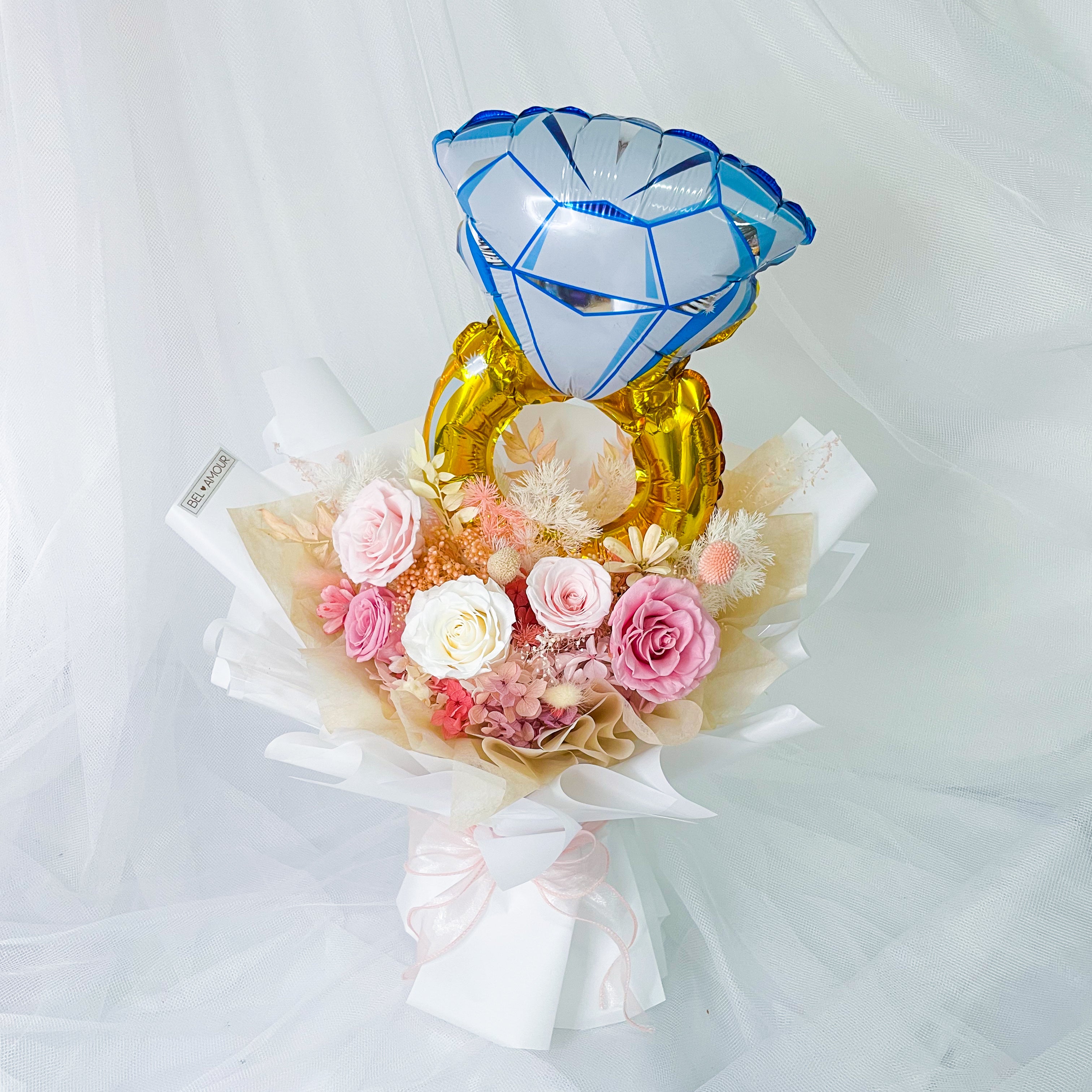Preserved Flower Bouquet - 5 Roses w/ Diamond Ring Foil Balloon