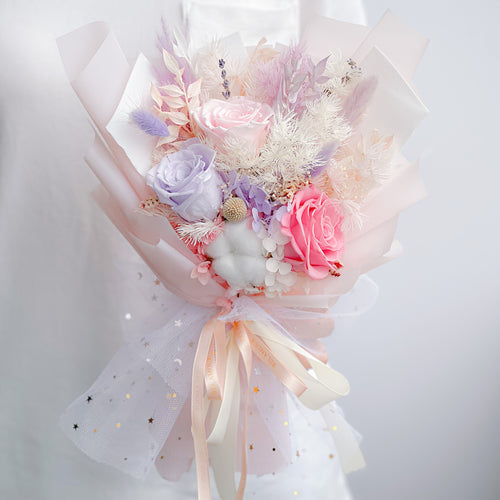 Preserved Flower Bouquet - 3 Stalks Roses (Lavender, Mauve, Baby Pink)