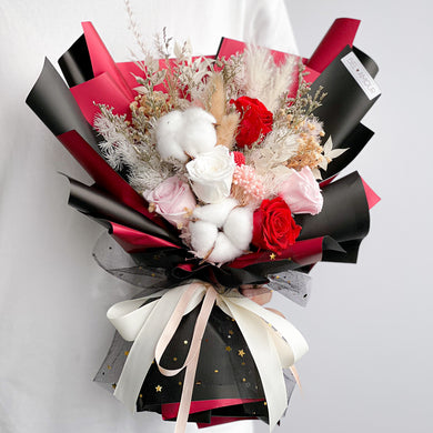 Preserved Flower Bouquet - 5 Stalks Roses (2 Red, 2 Baby Pink, 1 White)