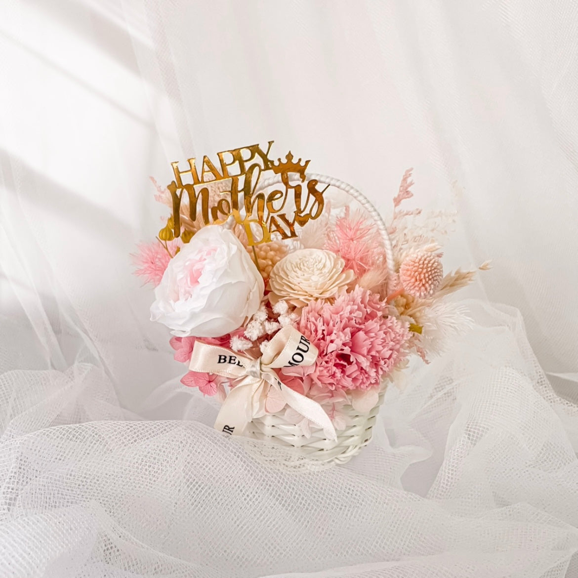 Mother's Day Gift Mini Basket with Preserved Rose & Sola Wood Flower